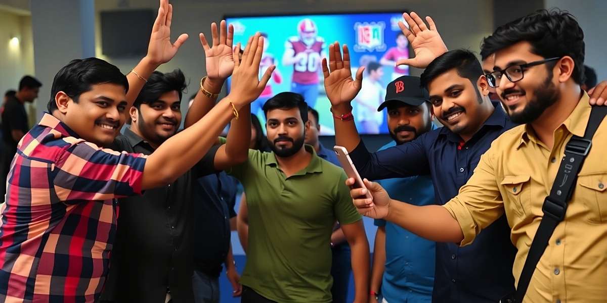 NFL India Fantasy League - Friends Celebrating Win Group of Indian friends gathered around mobile phones, celebrating NFL India Fantasy League victory with high fives