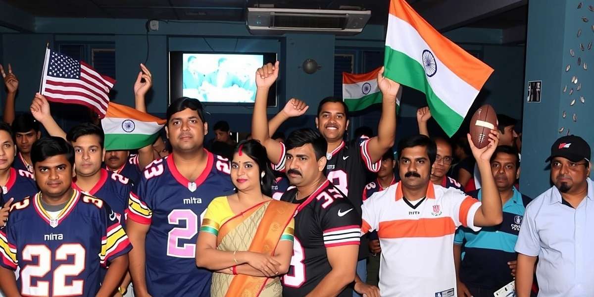 NFL India Fantasy League - Super Bowl Watch Party Mumbai Large crowd at NFL India Fantasy League Super Bowl watch party in Mumbai, with Indian and American flags, fans wearing NFL jerseys and traditional Indian attire