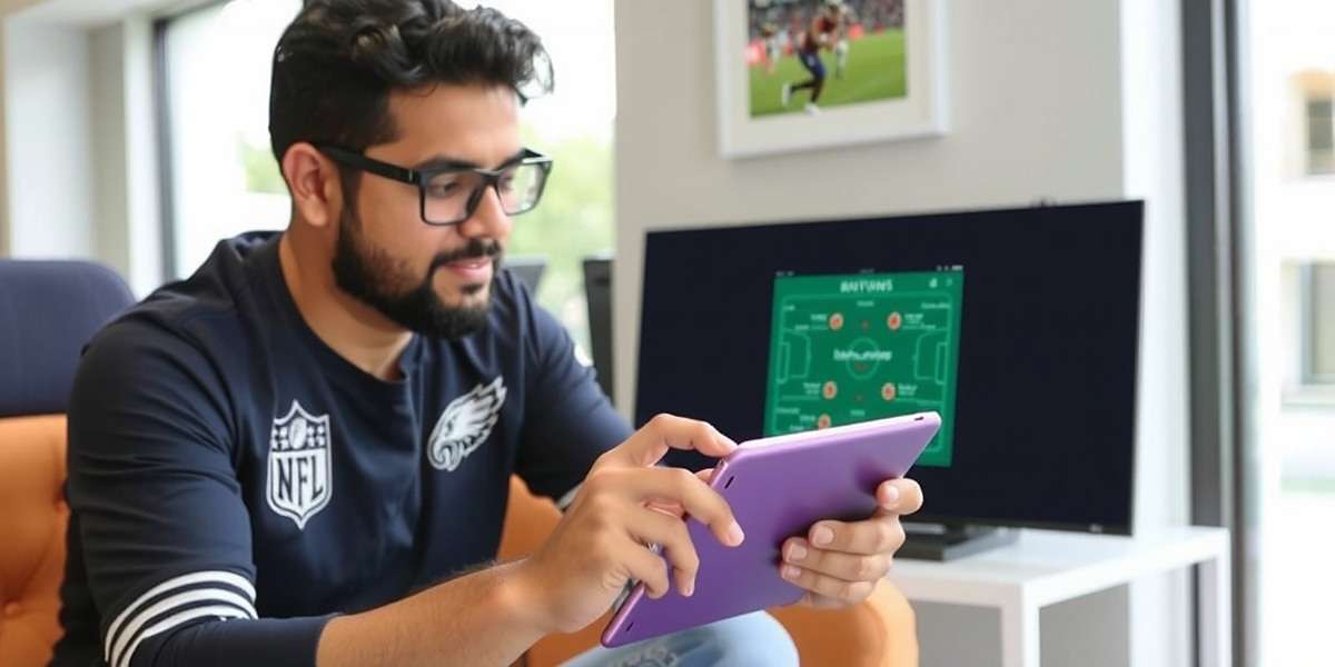 NFL India Fantasy League - Strategy Planning Indian fantasy football expert analyzing player stats on a tablet, with NFL India Fantasy League app open showing team lineup